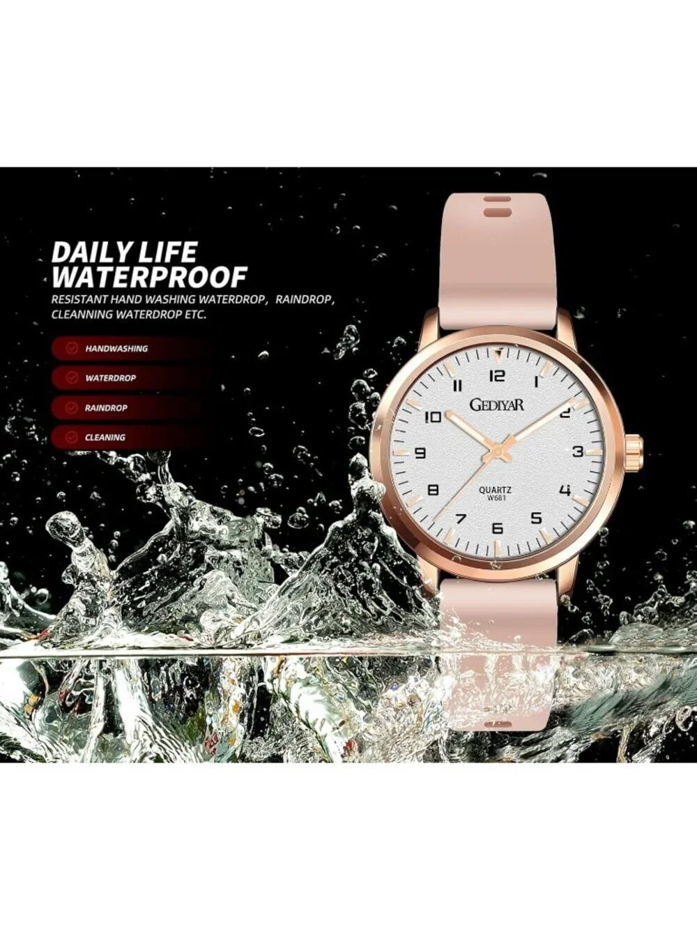 Women's Pink Analog Quartz Rubber Silicone Band Waterproof Casual Wrist Watch